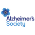 The image depicts the logo of the Alzheimer's Society, featuring a blue flower and the organization's name in blue and white text