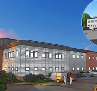 This image depicts a large, modern commercial building with windows and several vehicles parked in the lot. The inset shows a different view of the building's exterior