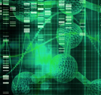 The image shows a digital representation of DNA, molecules, and scientific data visualizations in shades of green, creating an abstract and futuristic scientific-looking background