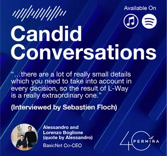 The image shows an audio podcast titled "Candid Conversations" with a quote and information about the hosts, Alessandro and Lorenzo Boglione, and the interviewer, Sebastien Floch