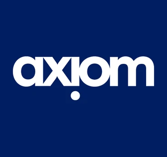 The image shows the white text "axiom" against a deep blue background, indicating the logo or branding of the company Axiom
