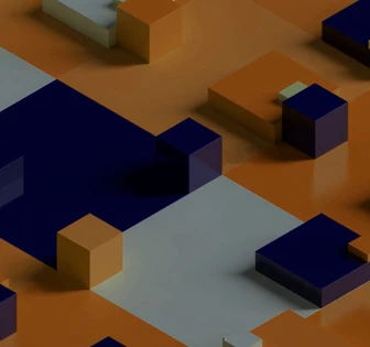 The image depicts an abstract 3D composition featuring various geometric shapes and patterns in shades of blue, orange, and gray, creating a visually striking and conceptual design