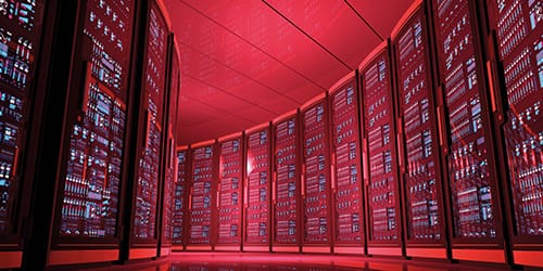 Red lit room filled with servers. 