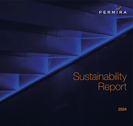 The image shows the cover of Permira's 2024 Sustainability Report, featuring the company's logo against a dark blue abstract background