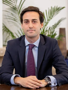 The image shows Alvaro Alvarez Pallete, a well-dressed businessman in a suit and tie, posing for a portrait against a backdrop of tropical foliage