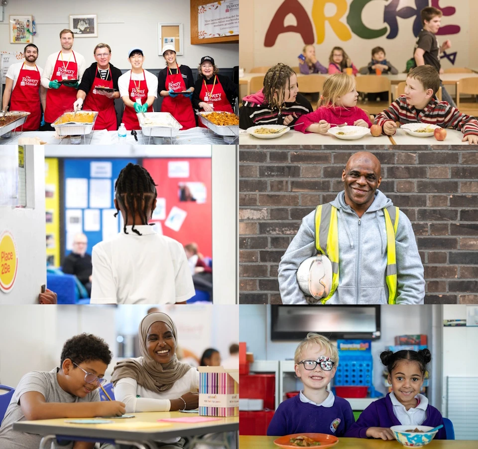 A diverse classroom setting with students of different ages and backgrounds engaged in various activities, including food preparation, eating, and learning