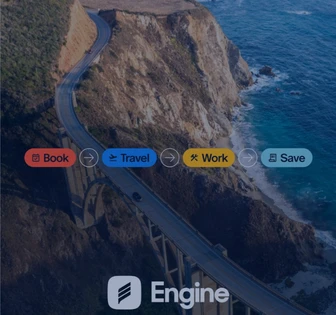 The image shows a winding road along a rugged, rocky coastline with the ocean in the background and several navigation options including "Book", "Travel", "Work", and "Save" overlayed, with the Engine logo at the bottom