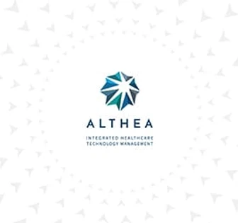 The image shows the logo for "Althea", an integrated healthcare technology management company, featuring a stylized star-shaped symbol in shades of teal and navy blue