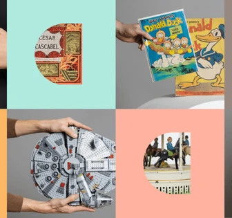 This image collage showcases various vintage and retro items, including a watch, comic book, steering wheel, and other collectibles, highlighting the diverse offerings on the Catawiki online auction platform