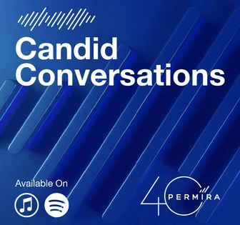 The image shows the cover art for a podcast titled "Candid Conversations", featuring the Permira logo and availability on music streaming platforms