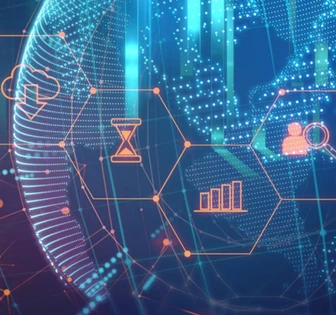 A complex network of interconnected digital shapes and patterns, representing data visualization and analytics, displayed on a blue background